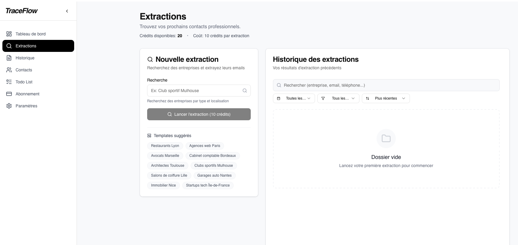 Interface d'extraction TraceFlow